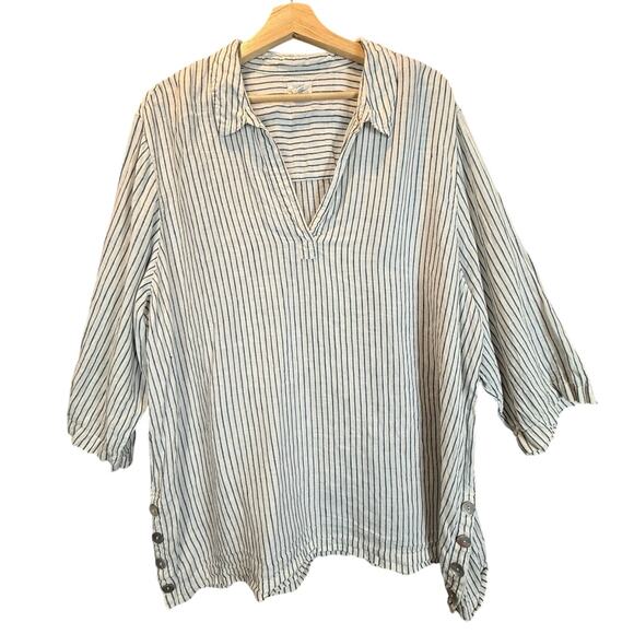 Sigrid Olsen Linen Blue White Stripe Tunic Top Popover Blouse Buttons 2X 2XL - Picture 1 of 9